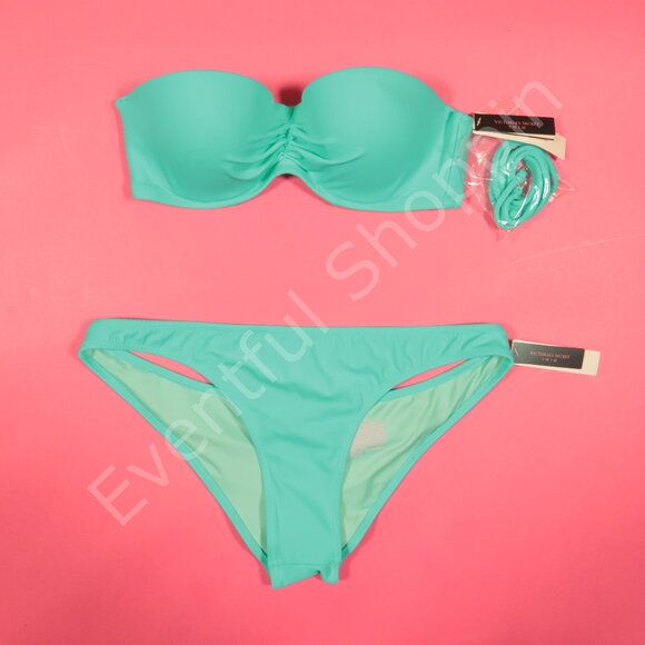 Victoria Secret Bikini Womens Green 32C M Malta Bandeau Top Low Rise Itsy Bottom - Picture 1 of 13